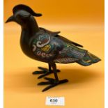 Antique Chinese Bronze and Champleve enamel incense burner, in the form of a crested bird. 19th