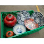 Crate of collectables includes Early Chinese red lacquered temple jar, Pair of early kraak porcelain