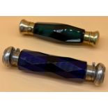 Two antique cut glass blue and green double end perfume bottles. [13cm in length]