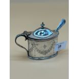 Chester silver condiment lidded pot with blue liner. Comes with a plated spoon. [90.97grams] [Will