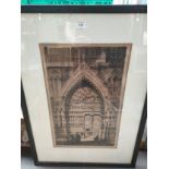 Large early engraving depicting cathedral religious building set in framing with pencil signature.