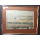 Landscape watercolour, depicting birds flying above lake [signed] [52x65cm]