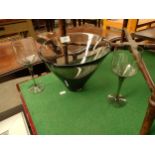 Danish Holmegaard Glasverk smokey glass bowl designed and signed together with 2 matching glasses.