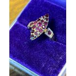 9ct gold ladies art deco design ring set with garnet cluster.