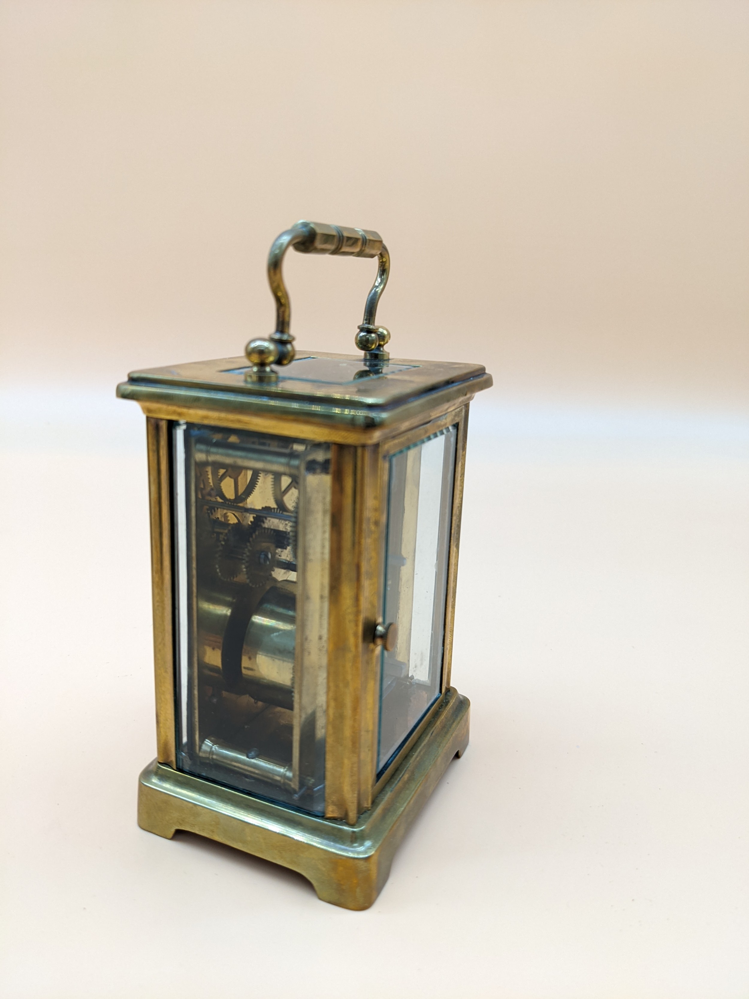 Antique French brass carriage clock with single drum movement, within case - Image 3 of 6