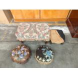 Collection of vintage stools includes antique beaded work stools.