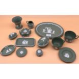 Selection of Green Wedgwood Jasper wares includes small dressing table tray, various lidded