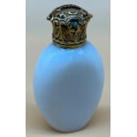 Antique milk glass and ornate yellow metal [18ct gold] lidded perfume bottle, Lid is highly