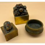 Three 20th century Chinese Heavy Gilt brass/ bronze items. Includes to seals with dragons and dog
