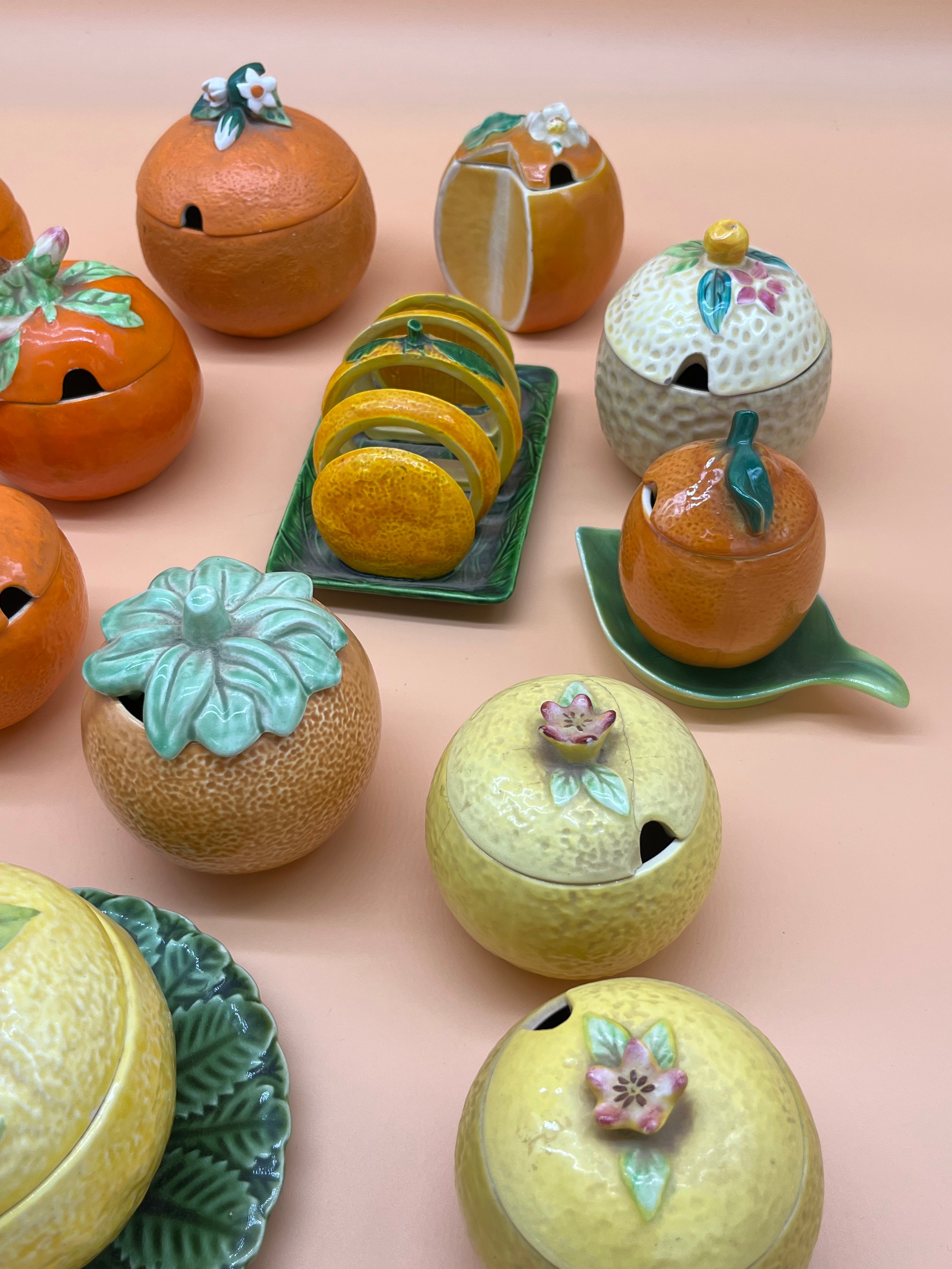 A Collection of various porcelain makers marmalade preserve pots in the form of oranges and - Image 2 of 11