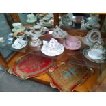 A shelf of Victorian cups and saucers includes Wedgwood pink jasper ware, Shelley together with 2