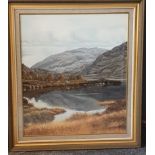 Ian McNab Oil on Board showing a Scottish Landscape with loch and mountain backdrop. dated 85. Frame