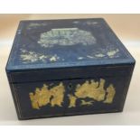 Antique Chinese lacquered and gilt panel painted tea box. Panels depict various group figures of