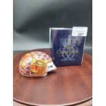 Royal crown derby hedgehog paperweight with stopper and box .