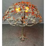 American Art Nouveau heavy Wrought iron tree table lamp, Tiffany inspired body, Stamped with