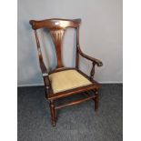19th century chair, the shaped back with a central pierced splat above two open arm supports and