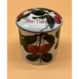 Wemyss ware plum design hair tidy lidded preserve pot. [9cm high]