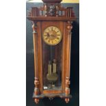 Antique longcase wall clock, brass art nouveau design face, Two weights, key and pendulum. In a