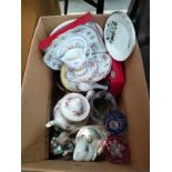 A box of collectables to include Royal Albert Lavender Rose Teapot etc