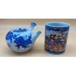 19th century Chinese hand painted panel mug. Detailed with various figures. Together with a Blue and