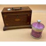 Edwardian inlaid tea box with key together with Gray's Pottery rice preserve pot.