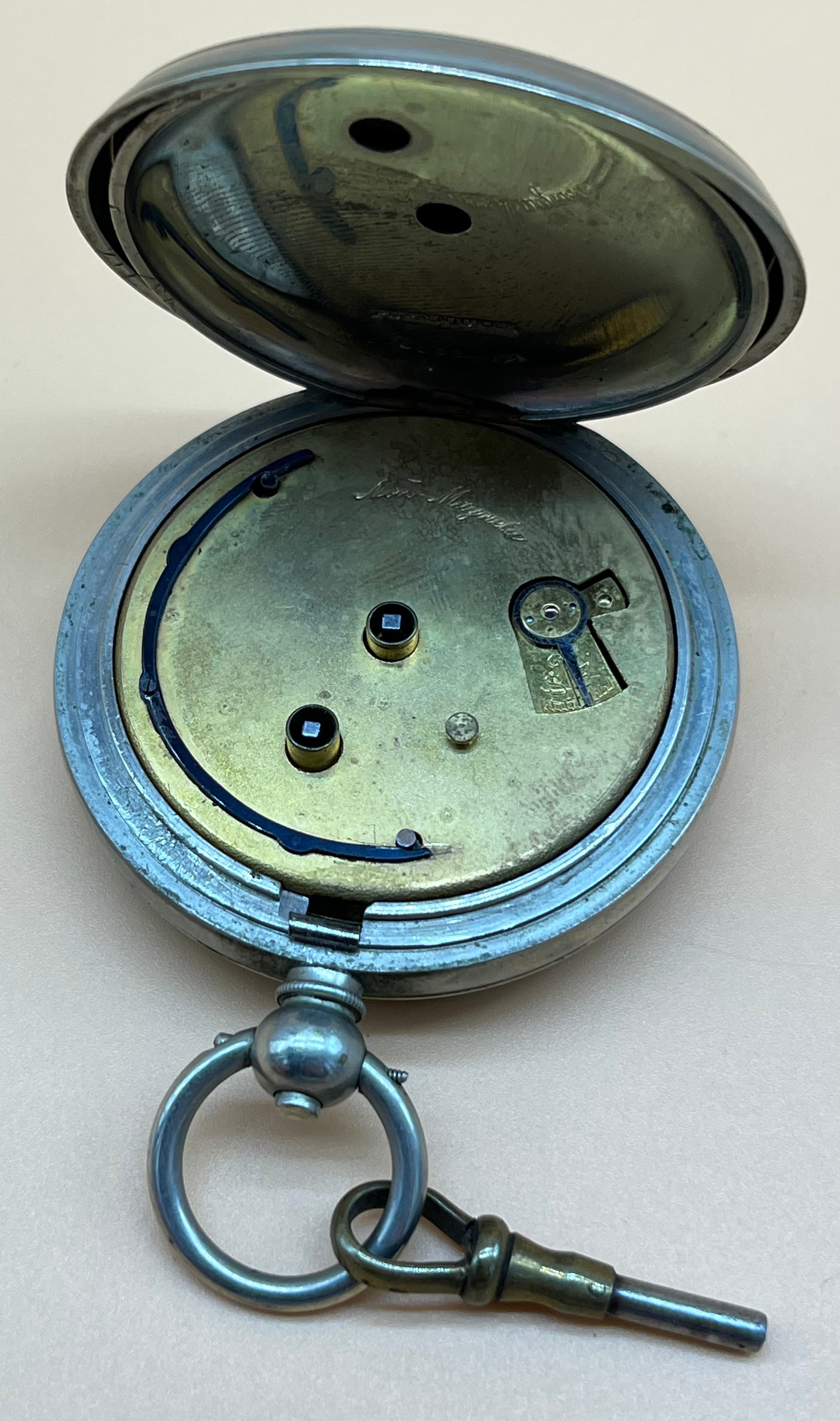 Antique pocket watch fitted within a nickel case, Enamel face. Swiss made New Magnetic. Comes with a - Image 4 of 4