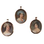Three early 19th century continental framed miniatures of oval outline, two each depicting a young
