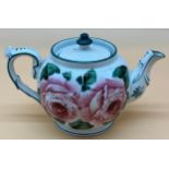 Antique Wemyss ware T. Goode & co Tea pot, cabbage rose design. [10.5x18x11cm]