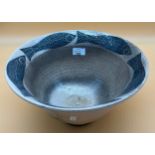 Large studio pottery crackle glaze and fish design fruit bowl. Signed SUS B'93. [19CM HIGH, 32CM