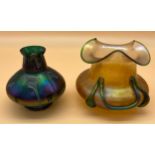 Two Art Nouveau Loetz style glass vases. [13cm high]