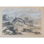 Lot of two pencil etchings, depicting cottages by a lake, unknown artist, framed [23.5x26cm]