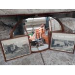 19th century oval mirror together with two old pictures depicting road scene and small harbour