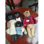Collection of 3 vintage Golly teddies together with old bear teddy .