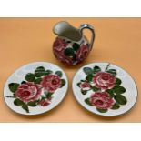 Two Weymss ware Cabbage rose design plates together with water jug. [Water jug as found]