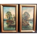 A pair of framed oil paintings depicting river scenes, signed R.Hammond 1921 [51x30cm]