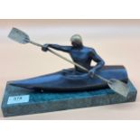 Mario Nick Bronze sculpture of a figure canoeing, green marble base and signed Nick. [26cm in