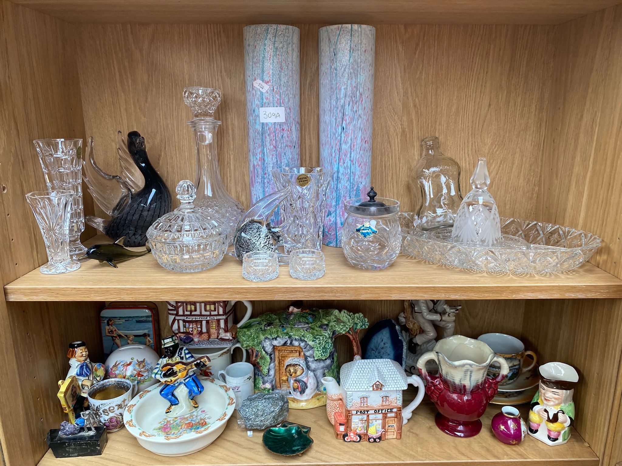 2 shelf of collectables includes art glass etc .