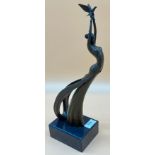 Antoinette Bronze Art Nouveau style lady holding a pigeon sculpture, fitted on a marble base [39cm