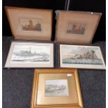 A lot of 4 framed engravings, signed along with a watercolour depicting village scene.