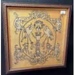 Antique needle work tapestry depicting cranes and urn centre piece and dated 1500. Oak frame. [Frame