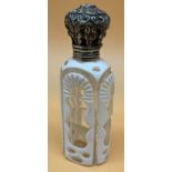Antique Facet cut white overlay perfume bottle, Designed with a silver ornate lid. Has original