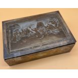 19th century Silver plate on brass cigar box, lid details dancing figures and musicians titled 'D'