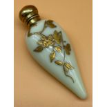 Antique Vaseline glass tear drop design perfume bottle, gold hand painted flower design to the