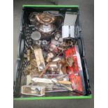 A Large Crate of Silver plated and brass wares etc .