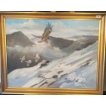 Cameron Murray 79, Original Oil on board Showing a Sea Eagle above Winter Grouse. [Frame 71x90cm]