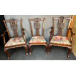 Lot of six Georgian style dining chairs together with two matching carver chairs, the shaped back