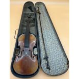 Antique Violin, bow and coffin case.