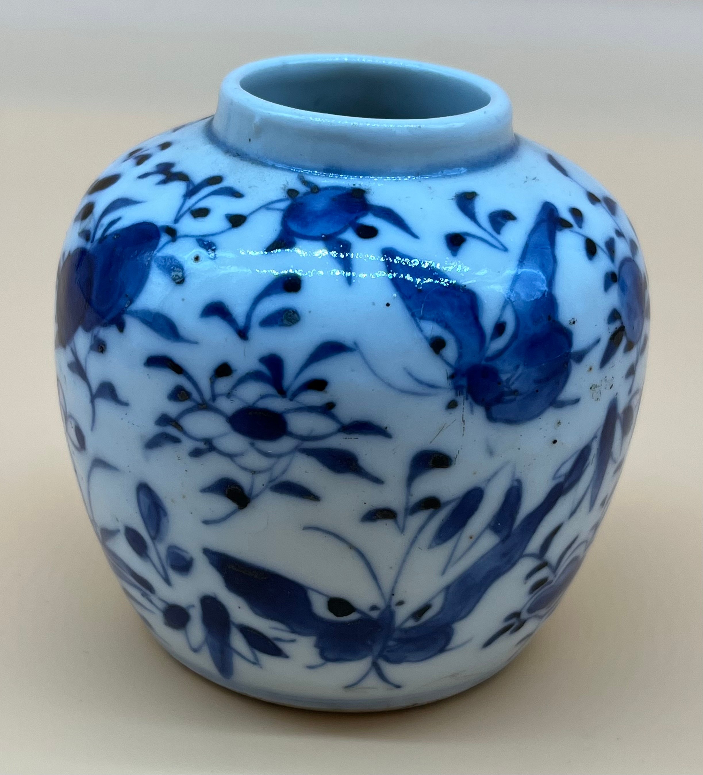 19th century Chinese Kangxi Nian Zhi blue and white small preserve pot. Hand painted with birds, - Image 3 of 4