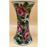 A Large antique Wemyss Ware cabbage rose hand painted fluted vase. Green signature to base and