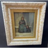 Antony Serres [French] Antique oil painting on wooden panel depicting old woman and child seated.